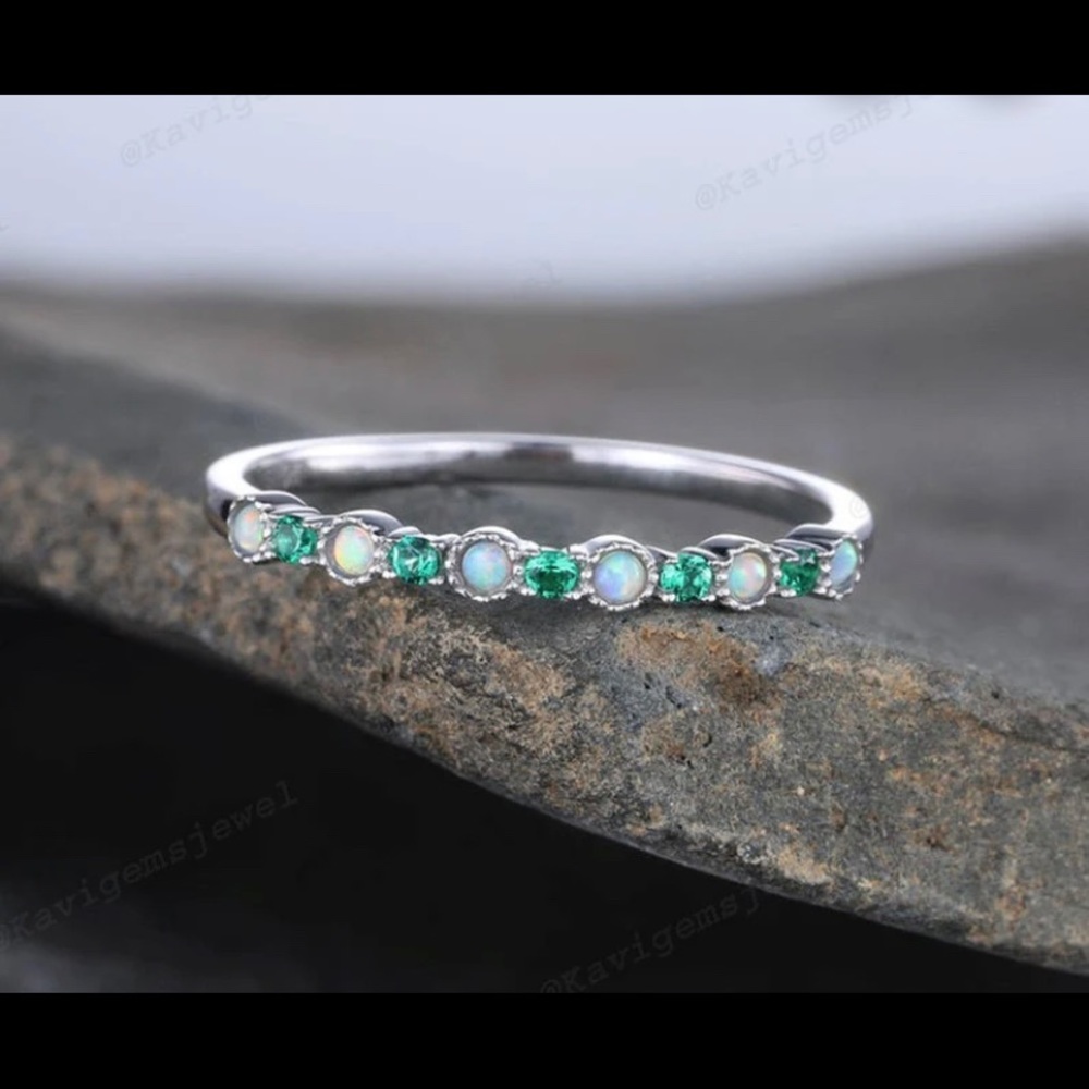 - Opal and green Emerald sterling silver Art Deco stack band ring 925 - Picture 4 of 6